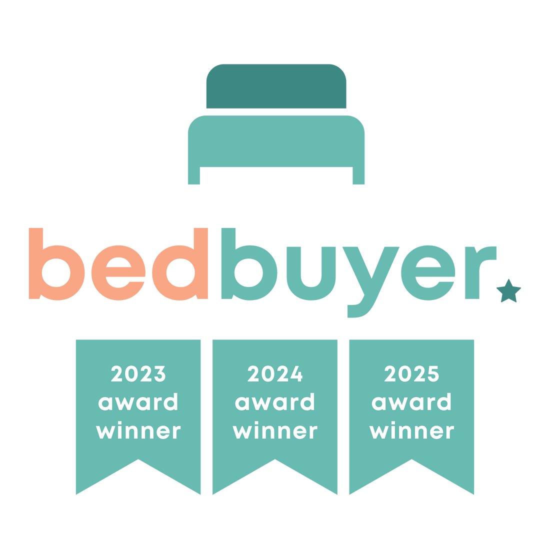 Bedbuyer logo with mattress icon and 2023, 2024, 2025 award winner banners