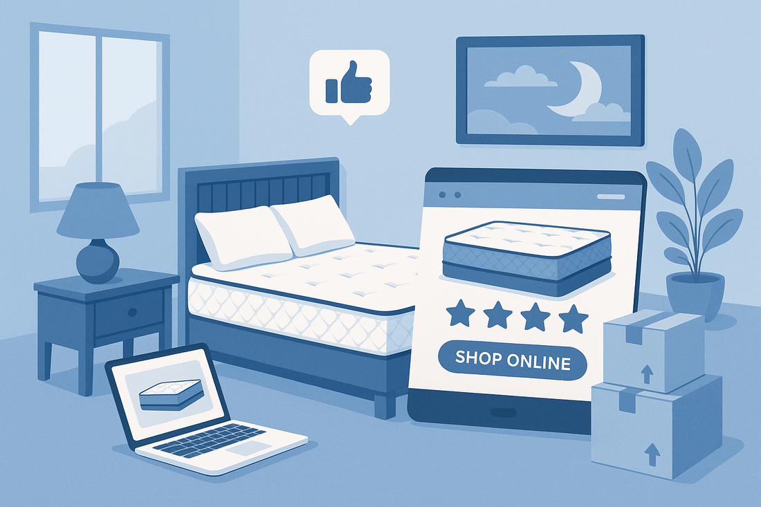 Bedroom with bed, laptop displaying mattress, large phone screen showing online mattress shopping with rating