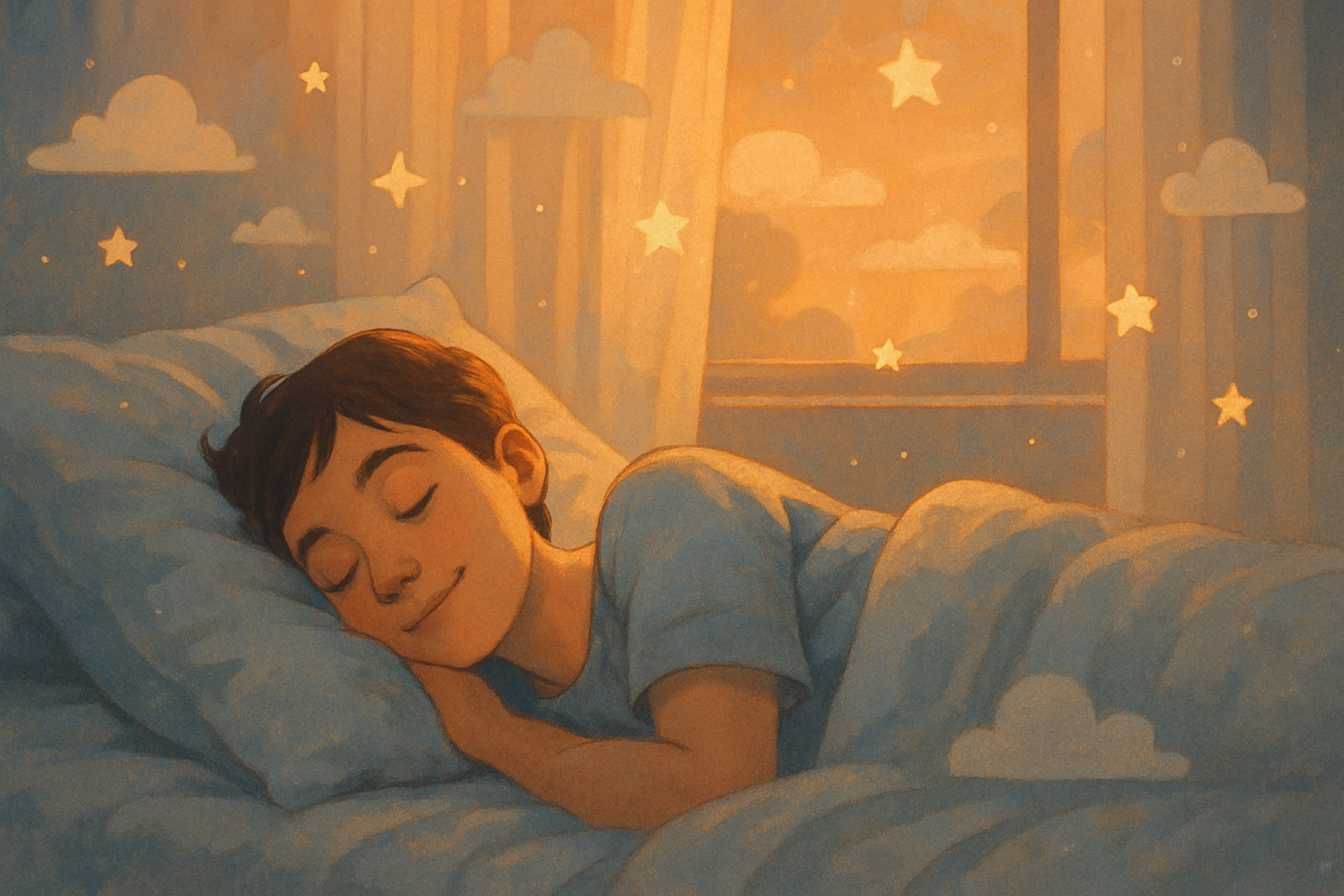 Illustration of a boy sleeping peacefully in bed with stars and clouds glowing outside the window