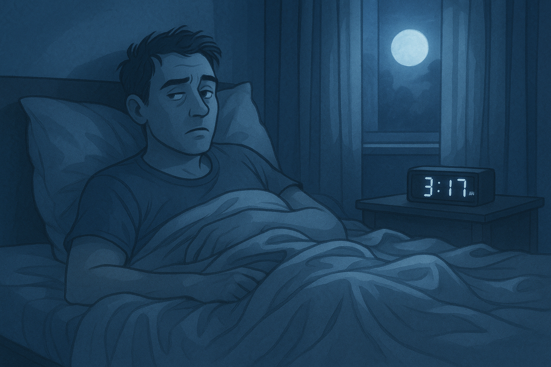 Man lying awake in bed at night with digital clock showing 3:17 AM and full moon outside
