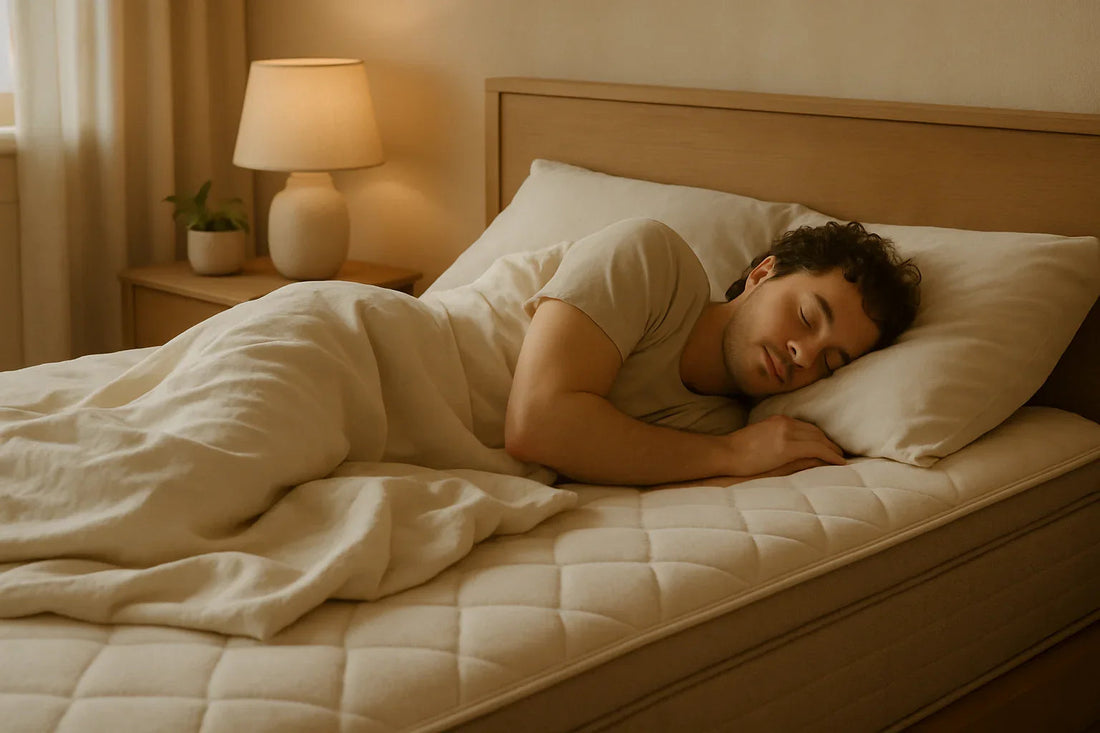 Man sleeping soundly on beige mattress and pillow in cozy bedroom with warm lamp light