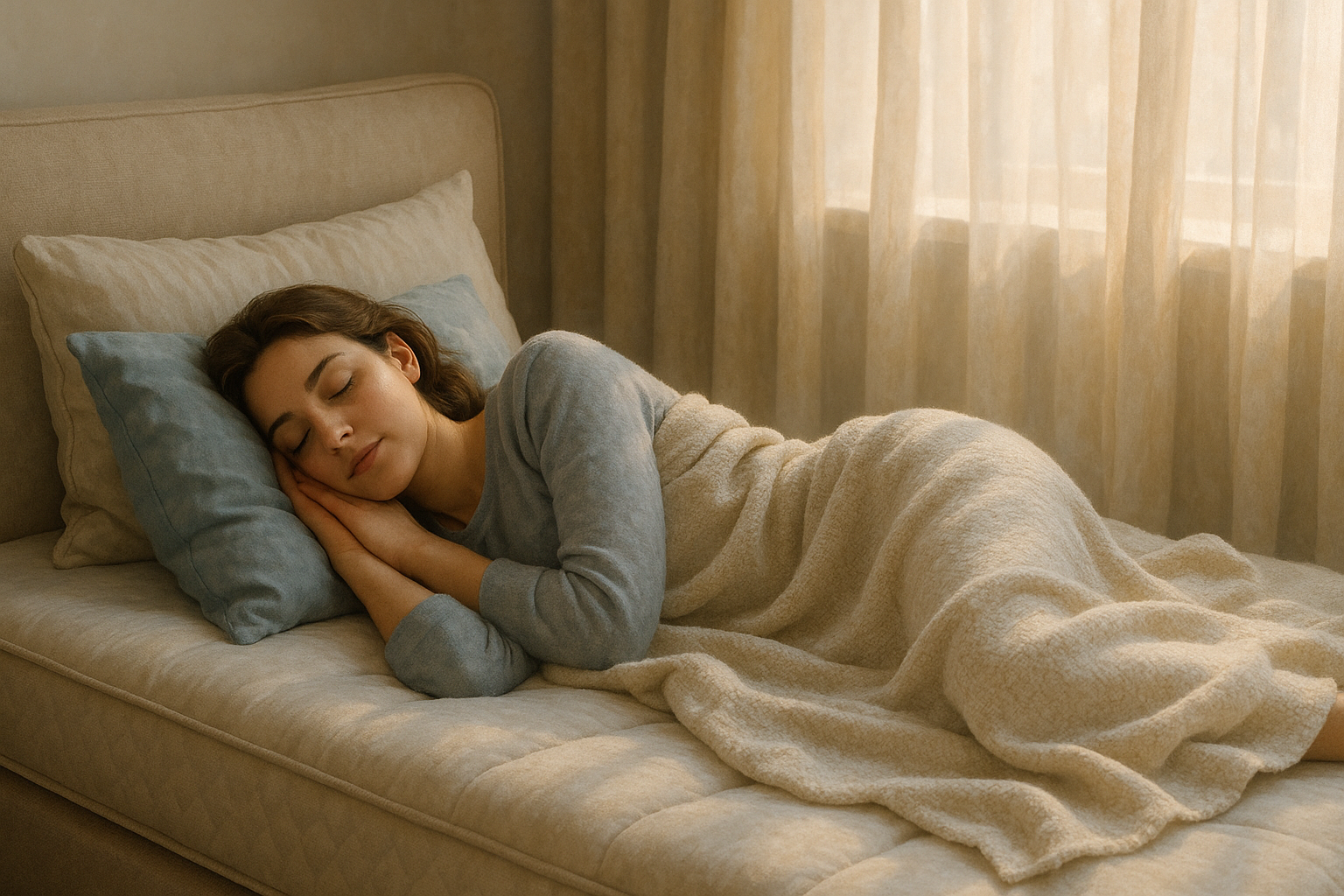 Woman peacefully napping on beige sofa with cozy blanket and soft pillows near sheer window curtains