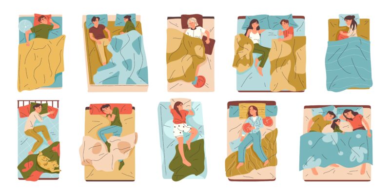 Illustration of diverse people sleeping in various bed positions with colorful blankets and pillows