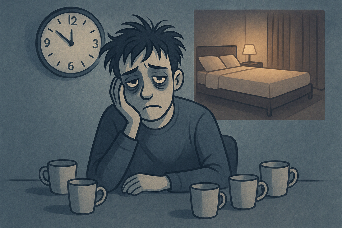 Illustration of tired man with dark circles, six coffee cups, clock showing 11:55, and a lit bedroom