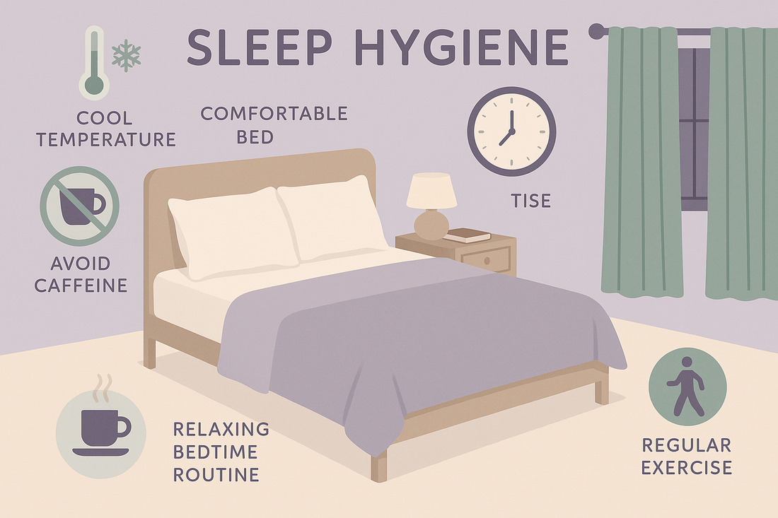 Illustration of bedroom with comfortable bed and tips for sleep hygiene including cool temperature, avoid caffeine, relaxing routine, regular exercise