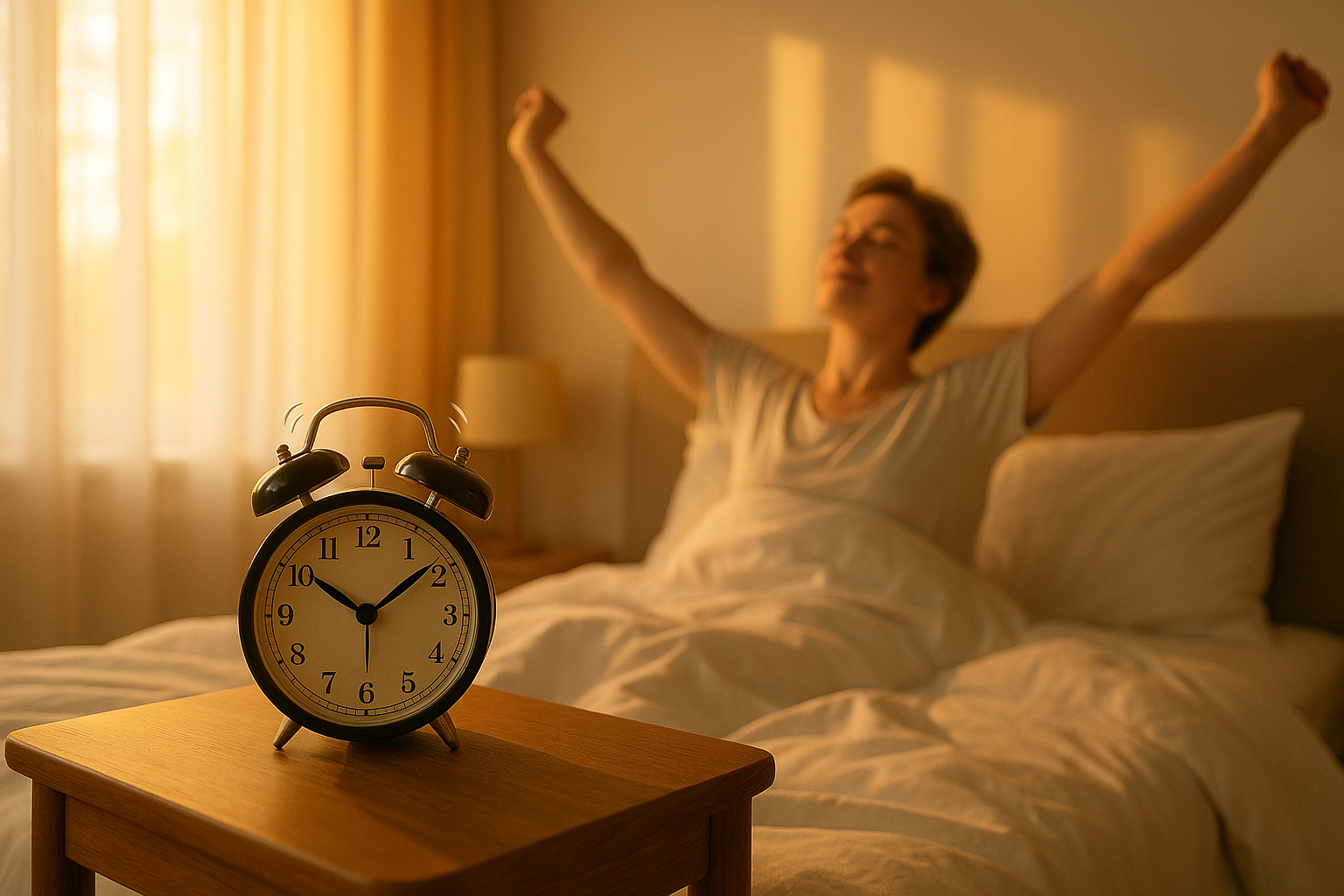 Black alarm clock ringing on bedside table as woman stretches awake in cozy bedroom